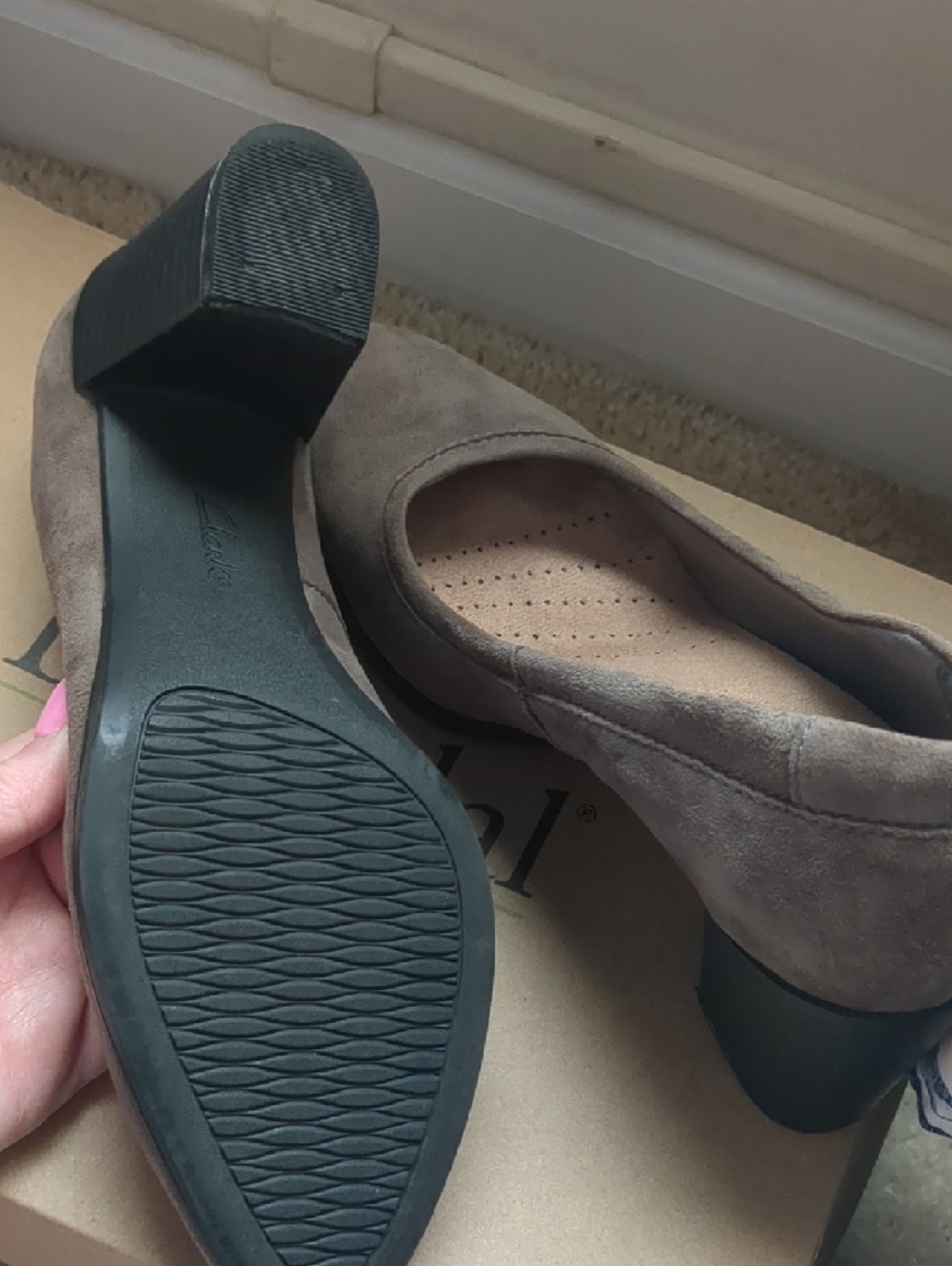 Clarks Taupe Suede Heels Pumps 7 - Picture 2 of 6